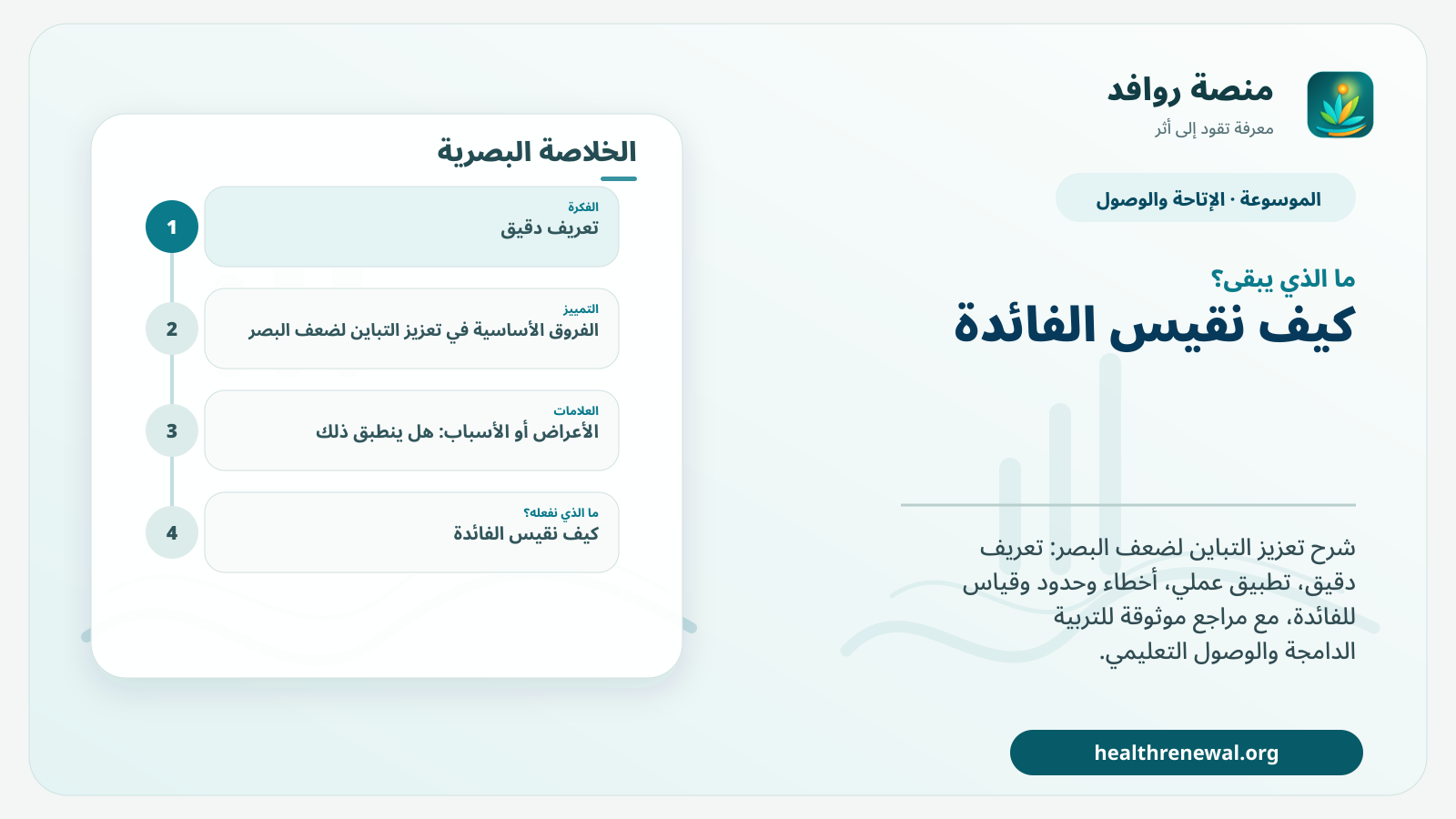 مخطط ختامي من منصة روافد يلخص «تعزيز التباين لضعف البصر» ويعرض أهم المحاور والخطوات التالية