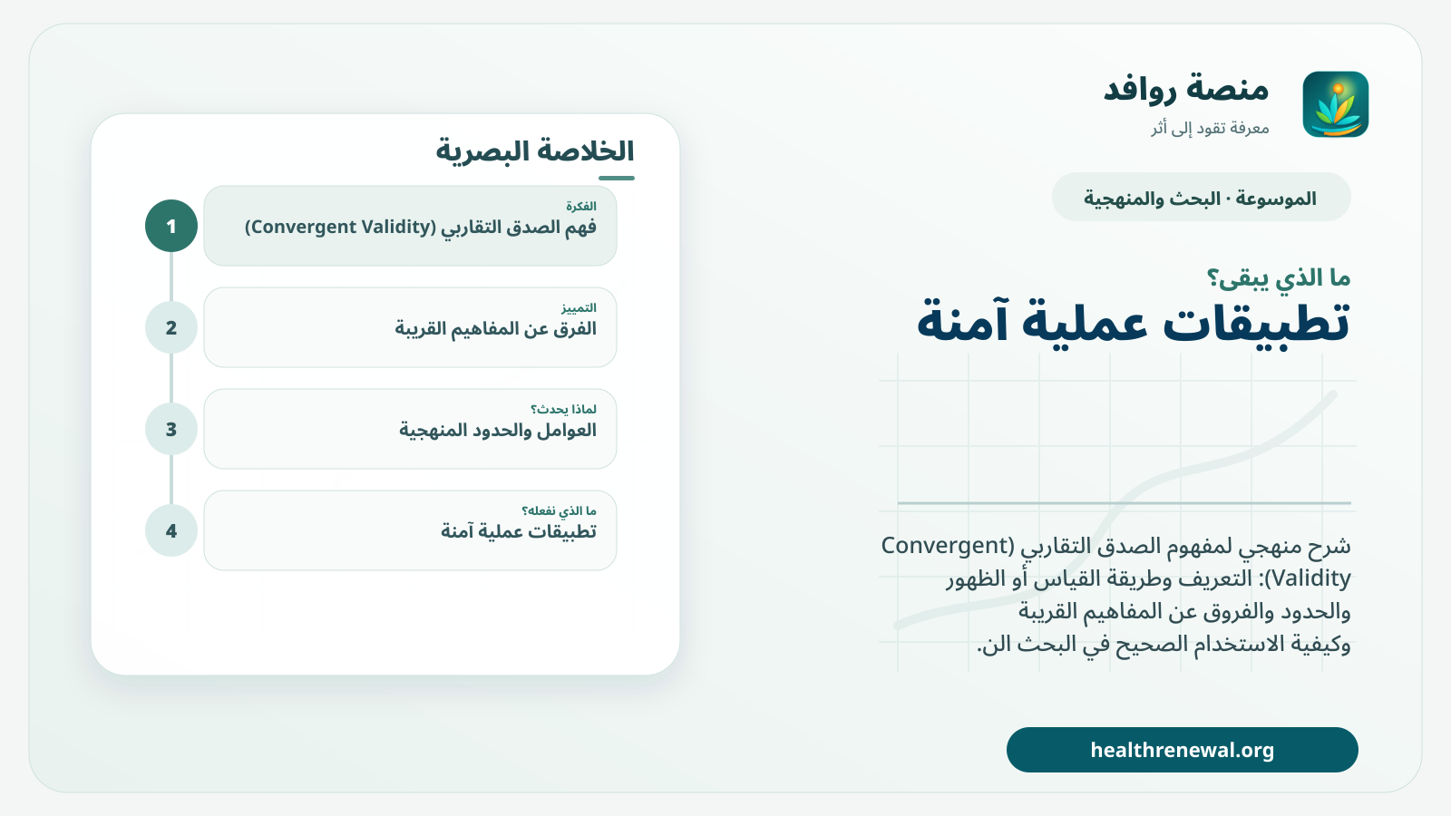 مخطط ختامي من منصة روافد يلخص «الصدق التقاربي (Convergent Validity)» ويعرض أهم المحاور والخطوات التالية