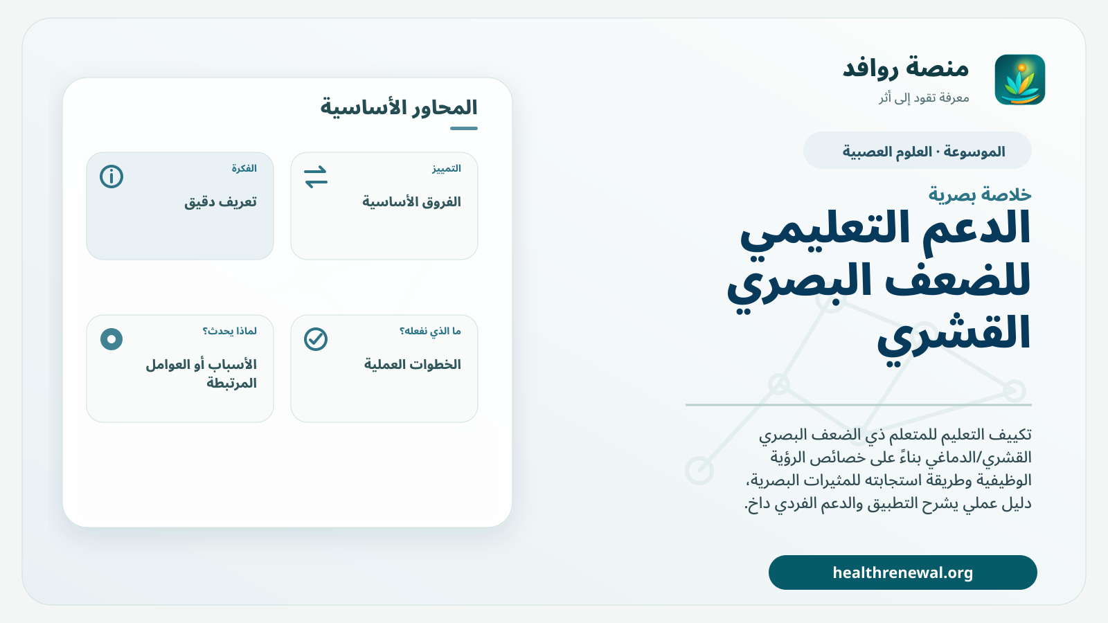 صورة بارزة من منصة روافد تلخص «الدعم التعليمي للضعف البصري القشري» بصريًا وفق محاور الصفحة الأساسية