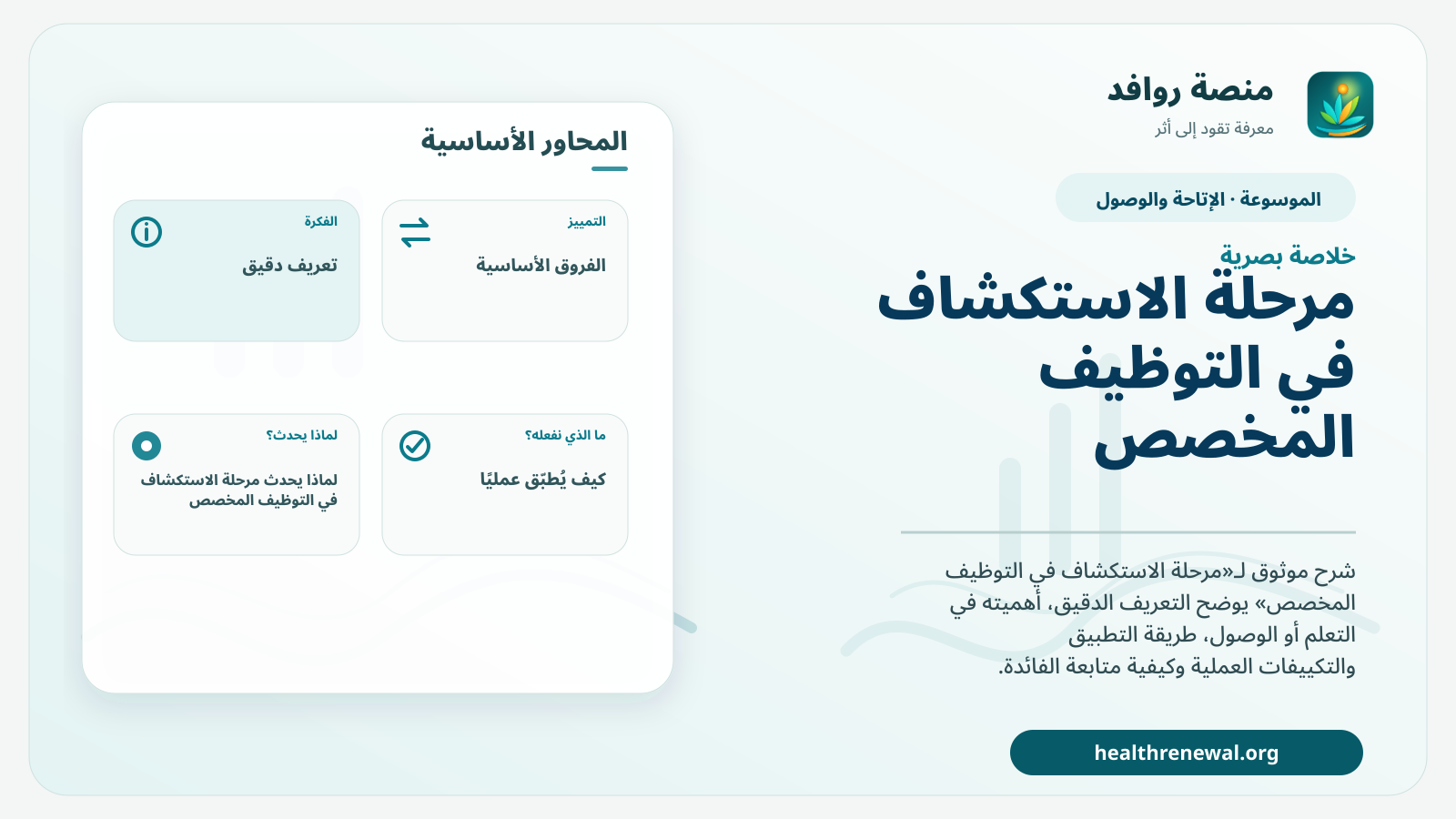 صورة بارزة من منصة روافد تلخص «مرحلة الاستكشاف في التوظيف المخصص» بصريًا وفق محاور الصفحة الأساسية