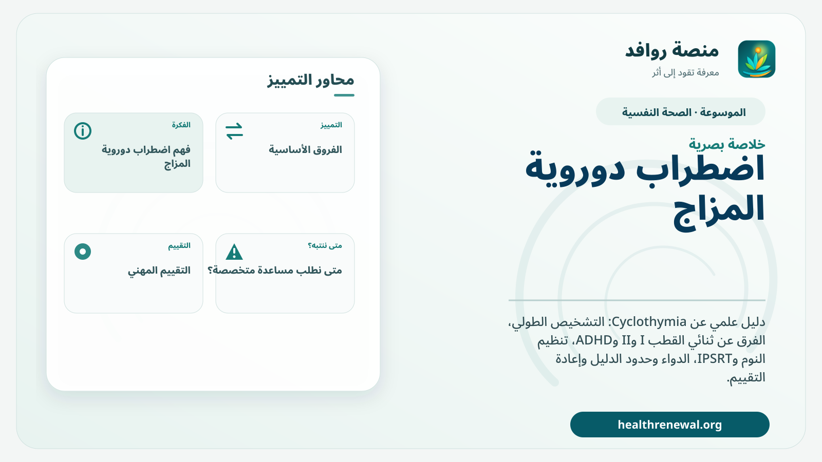 صورة بارزة من منصة روافد تلخص «اضطراب دوروية المزاج: التشخيص الطولي، الفرق عن ثنائي القطب، العلاج وحدود الدليل» بصريًا وفق محاور الصفحة الأساسية