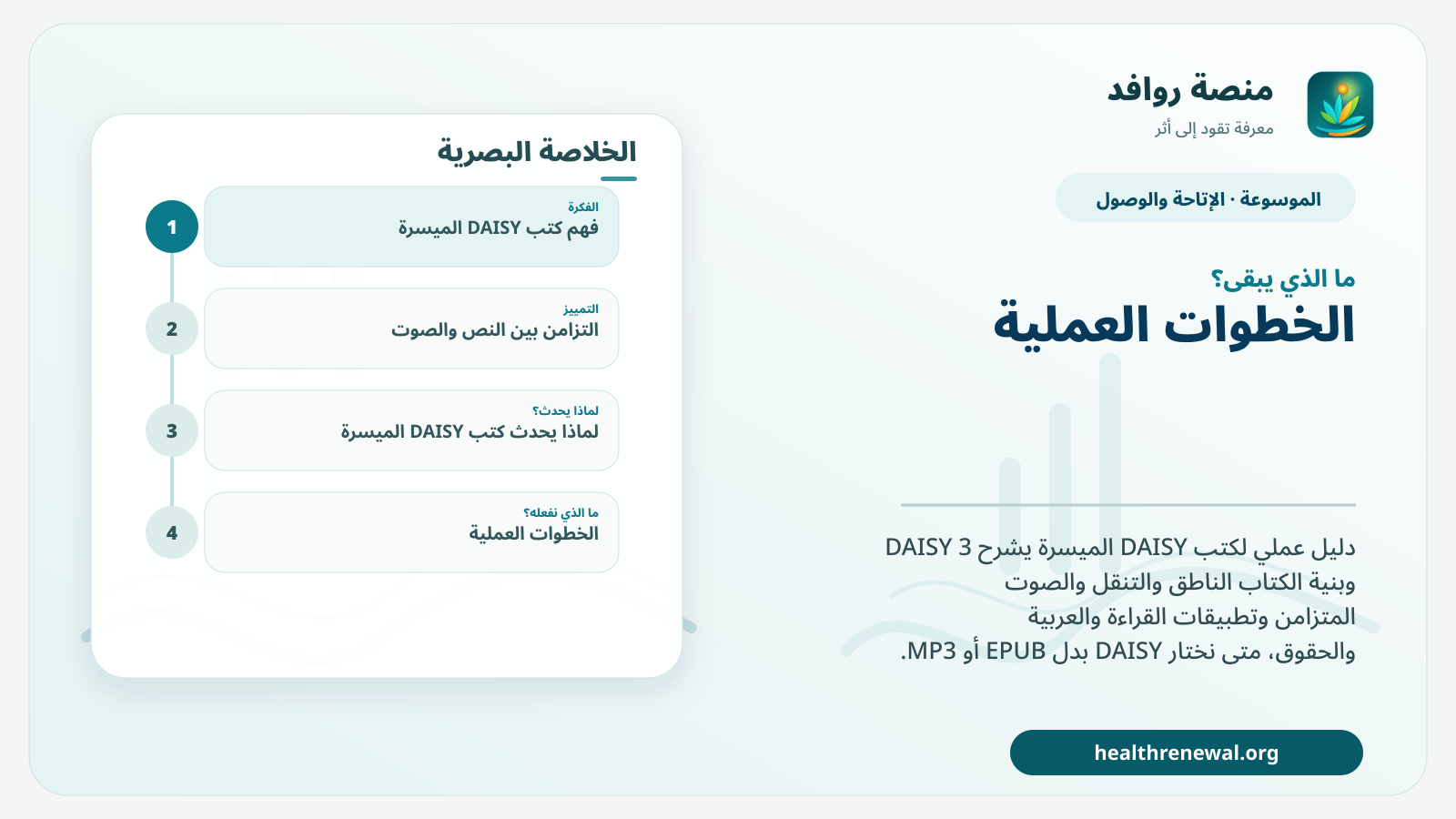 مخطط ختامي من منصة روافد يلخص «كتب DAISY الميسرة: البنية والصوت والتنقل واختيار القارئ» ويعرض أهم المحاور والخطوات التالية