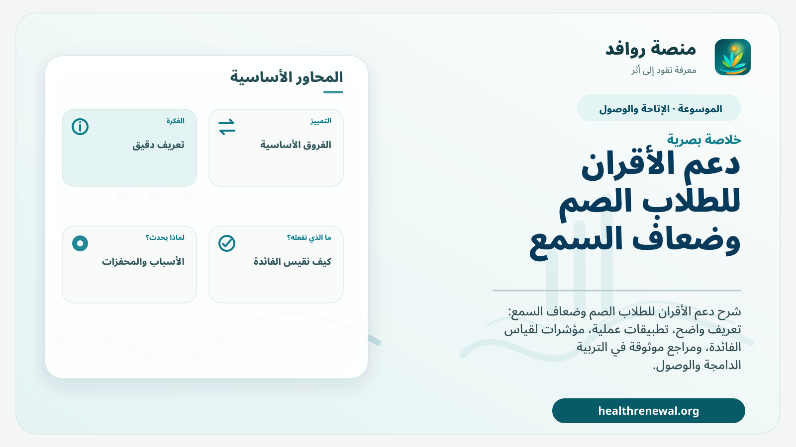 صورة بارزة من منصة روافد تلخص «دعم الأقران للطلاب الصم وضعاف السمع» بصريًا وفق محاور الصفحة الأساسية