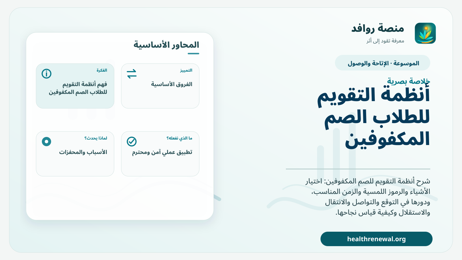 صورة بارزة من منصة روافد تلخص «أنظمة التقويم للطلاب الصم المكفوفين» بصريًا وفق محاور الصفحة الأساسية