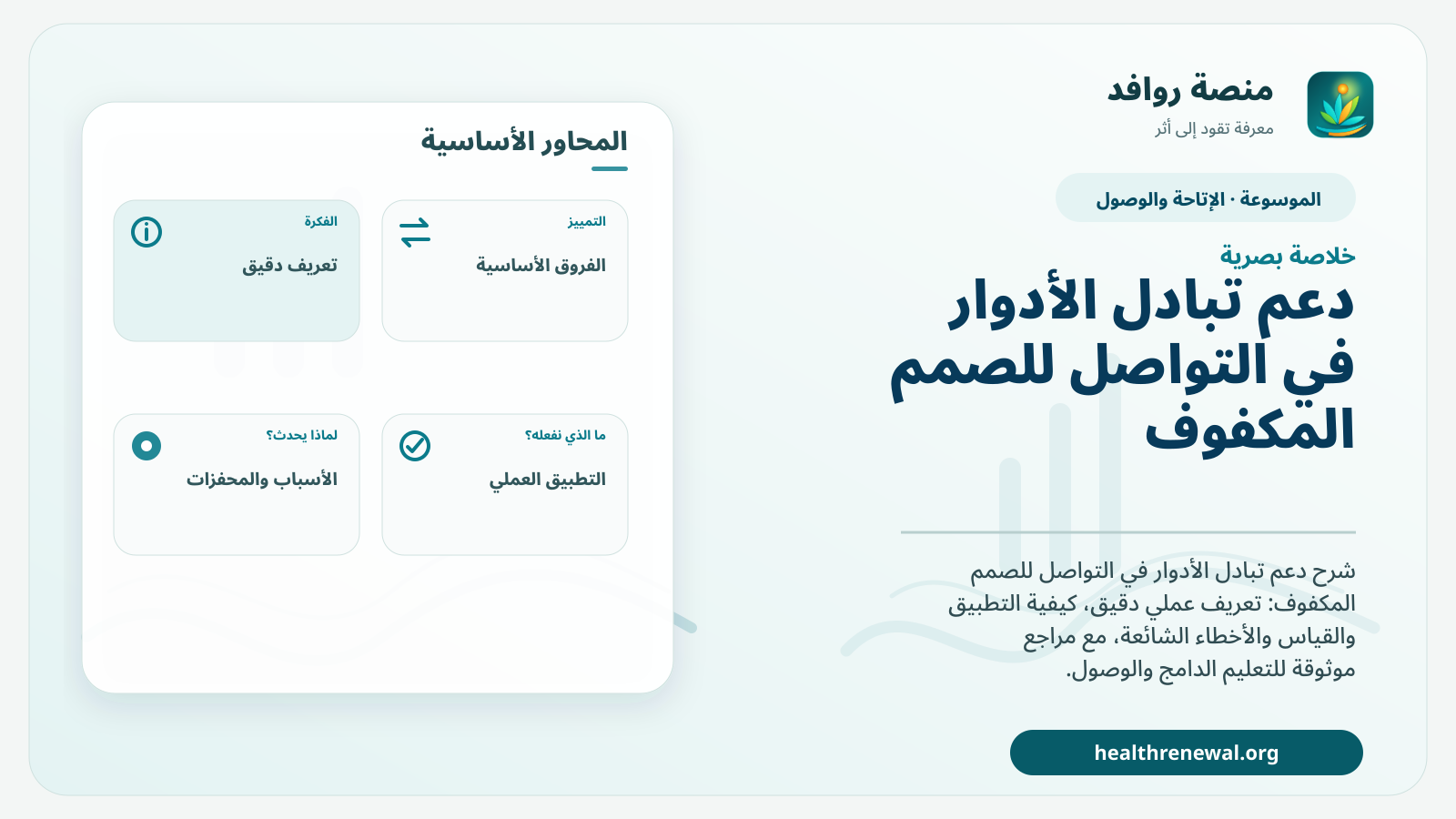 صورة بارزة من منصة روافد تلخص «دعم تبادل الأدوار في التواصل للصمم المكفوف» بصريًا وفق محاور الصفحة الأساسية