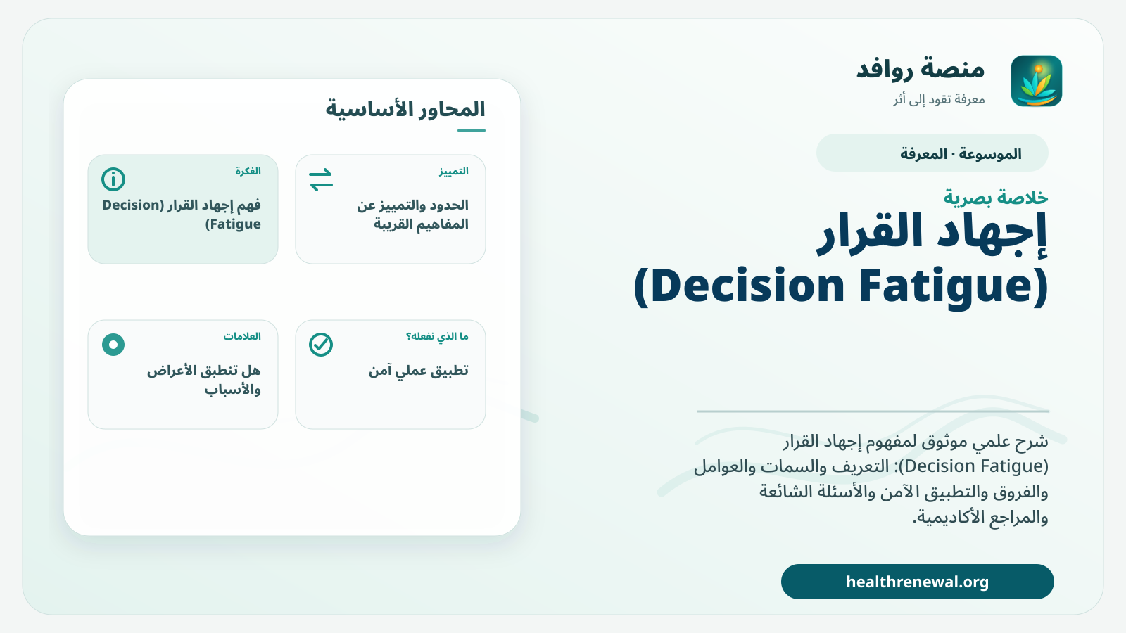 صورة بارزة من منصة روافد تلخص «إجهاد القرار (Decision Fatigue)» بصريًا وفق محاور الصفحة الأساسية
