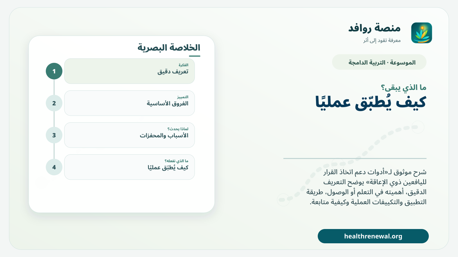 مخطط ختامي من منصة روافد يلخص «أدوات دعم اتخاذ القرار لليافعين ذوي الإعاقة» ويعرض أهم المحاور والخطوات التالية