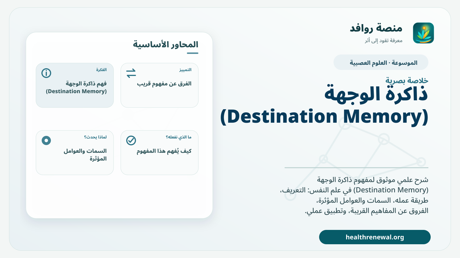 صورة بارزة من منصة روافد تلخص «ذاكرة الوجهة (Destination Memory)» بصريًا وفق محاور الصفحة الأساسية