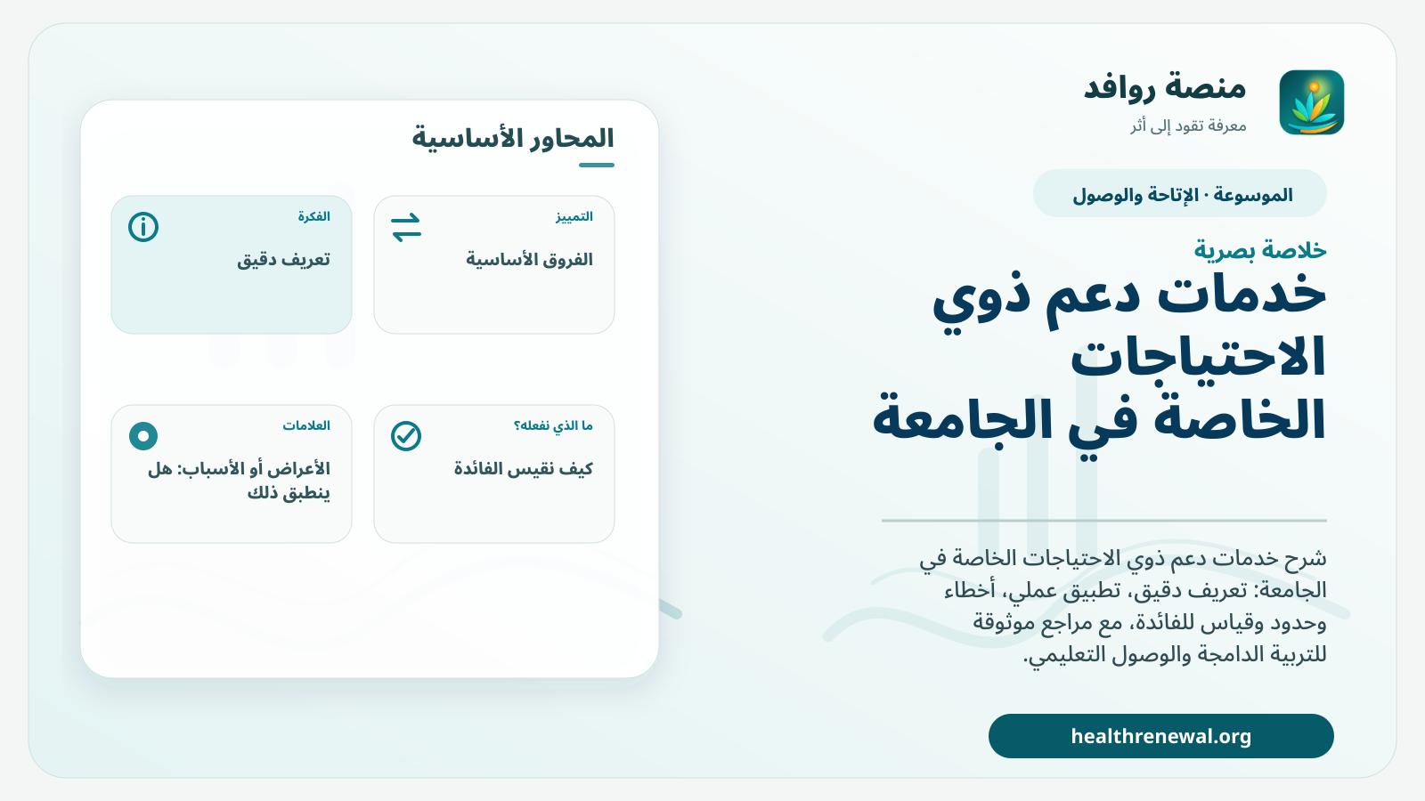 صورة بارزة من منصة روافد تلخص «خدمات دعم ذوي الاحتياجات الخاصة في الجامعة» بصريًا وفق محاور الصفحة الأساسية