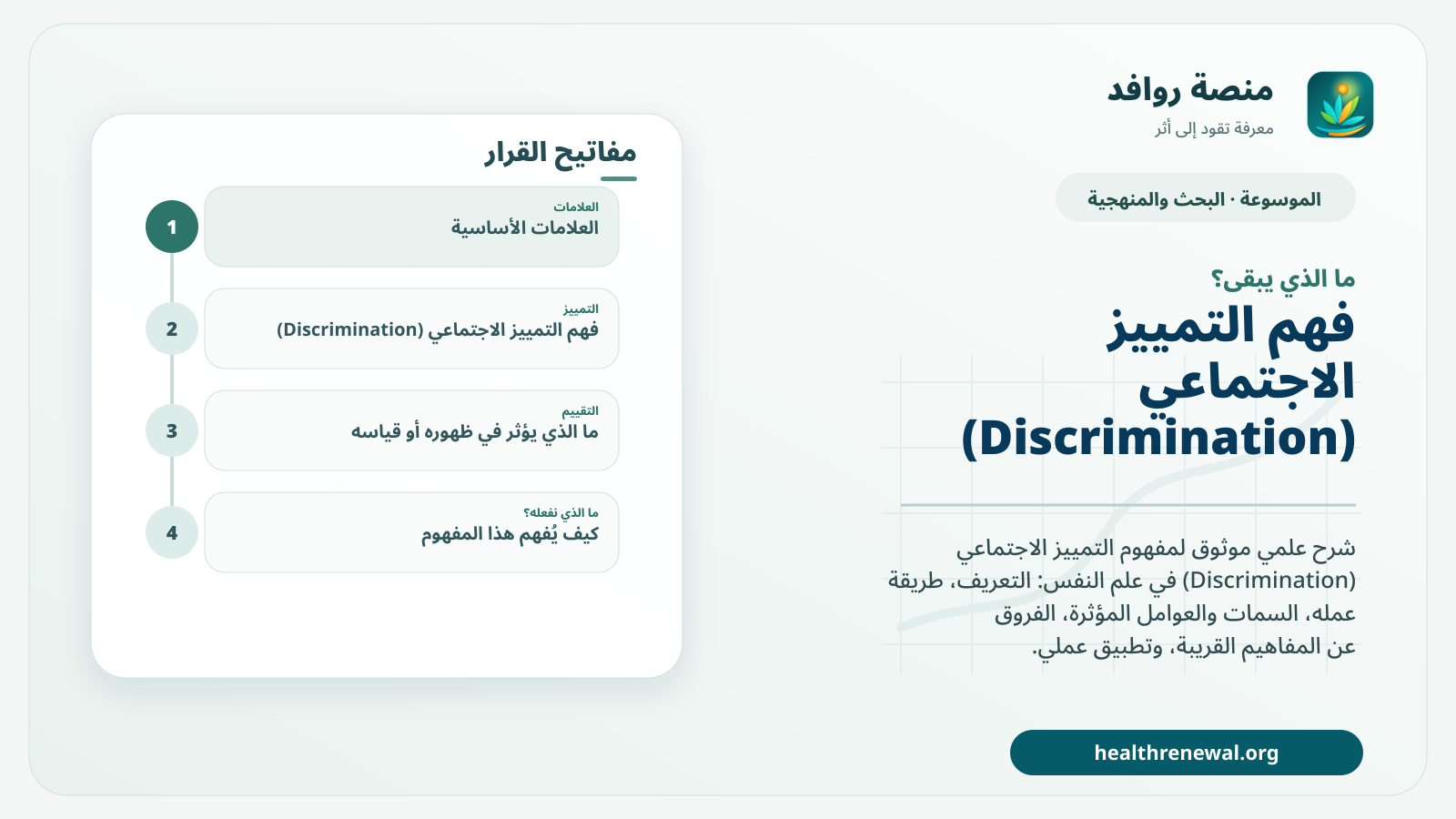 مخطط ختامي من منصة روافد يلخص «التمييز الاجتماعي (Discrimination)» ويعرض أهم المحاور والخطوات التالية