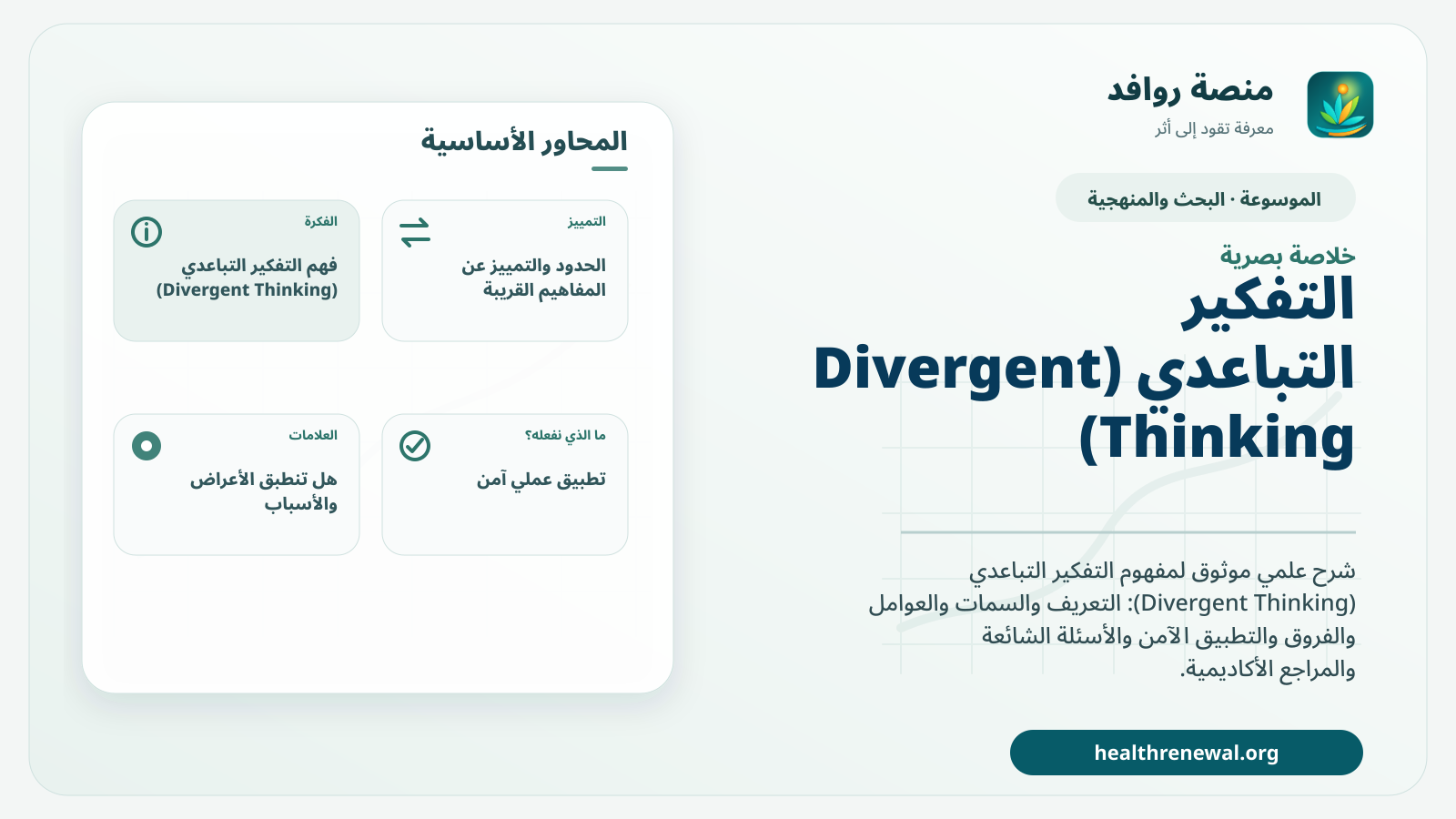 صورة بارزة من منصة روافد تلخص «التفكير التباعدي (Divergent Thinking)» بصريًا وفق محاور الصفحة الأساسية