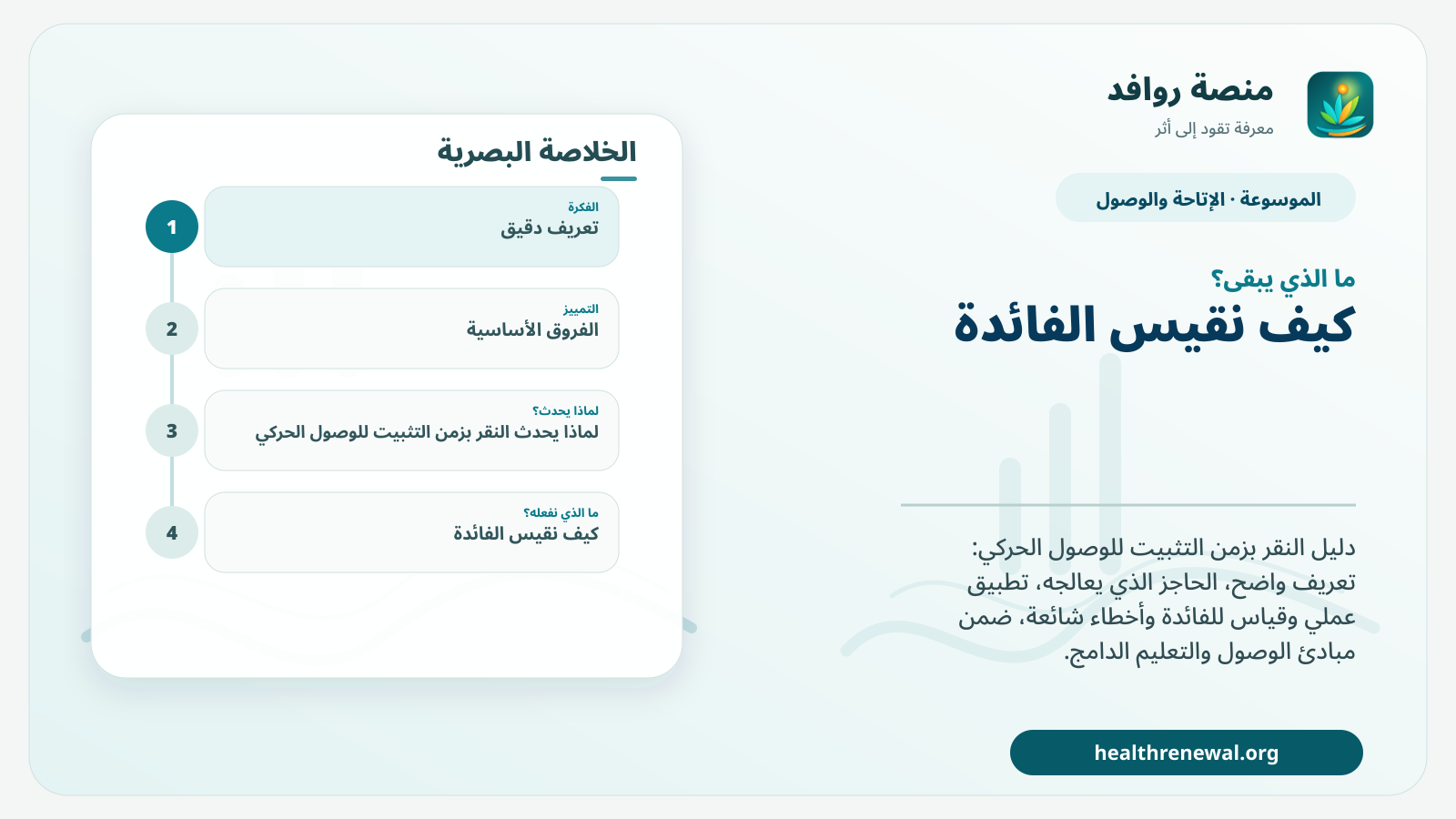 مخطط ختامي من منصة روافد يلخص «النقر بزمن التثبيت للوصول الحركي» ويعرض أهم المحاور والخطوات التالية