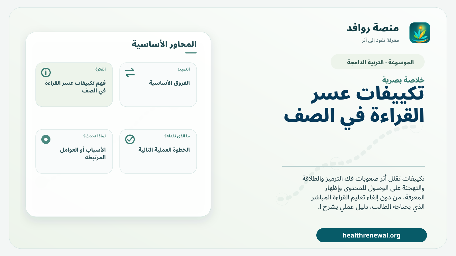صورة بارزة من منصة روافد تلخص «تكييفات عسر القراءة في الصف» بصريًا وفق محاور الصفحة الأساسية
