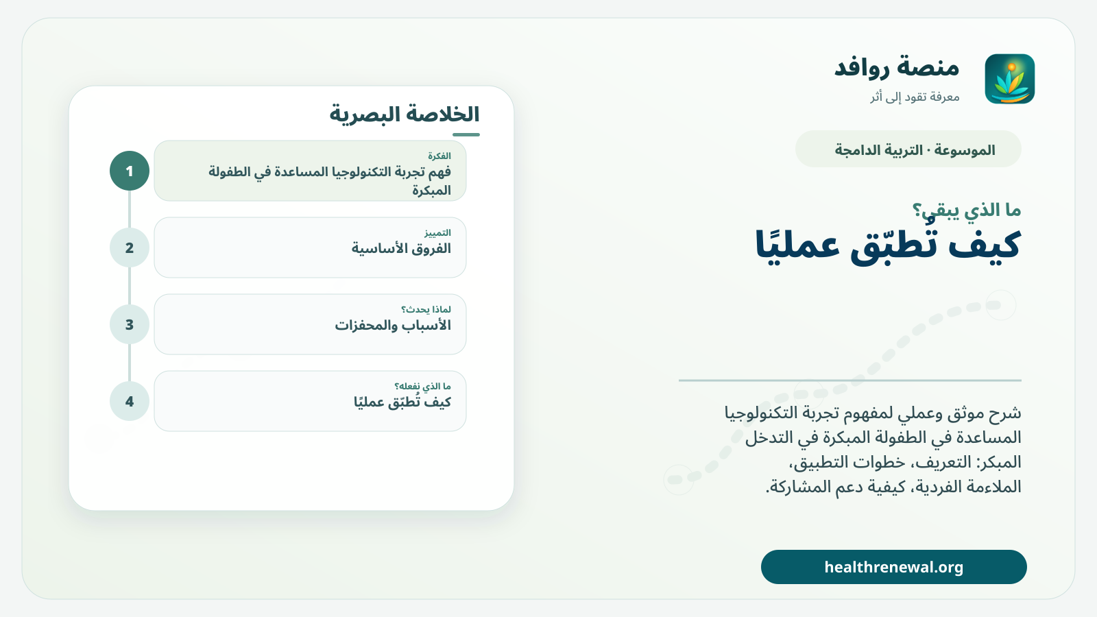 مخطط ختامي من منصة روافد يلخص «تجربة التكنولوجيا المساعدة في الطفولة المبكرة» ويعرض أهم المحاور والخطوات التالية
