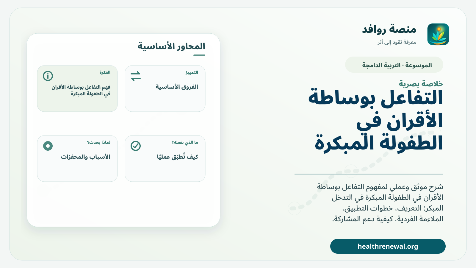 صورة بارزة من منصة روافد تلخص «التفاعل بوساطة الأقران في الطفولة المبكرة» بصريًا وفق محاور الصفحة الأساسية