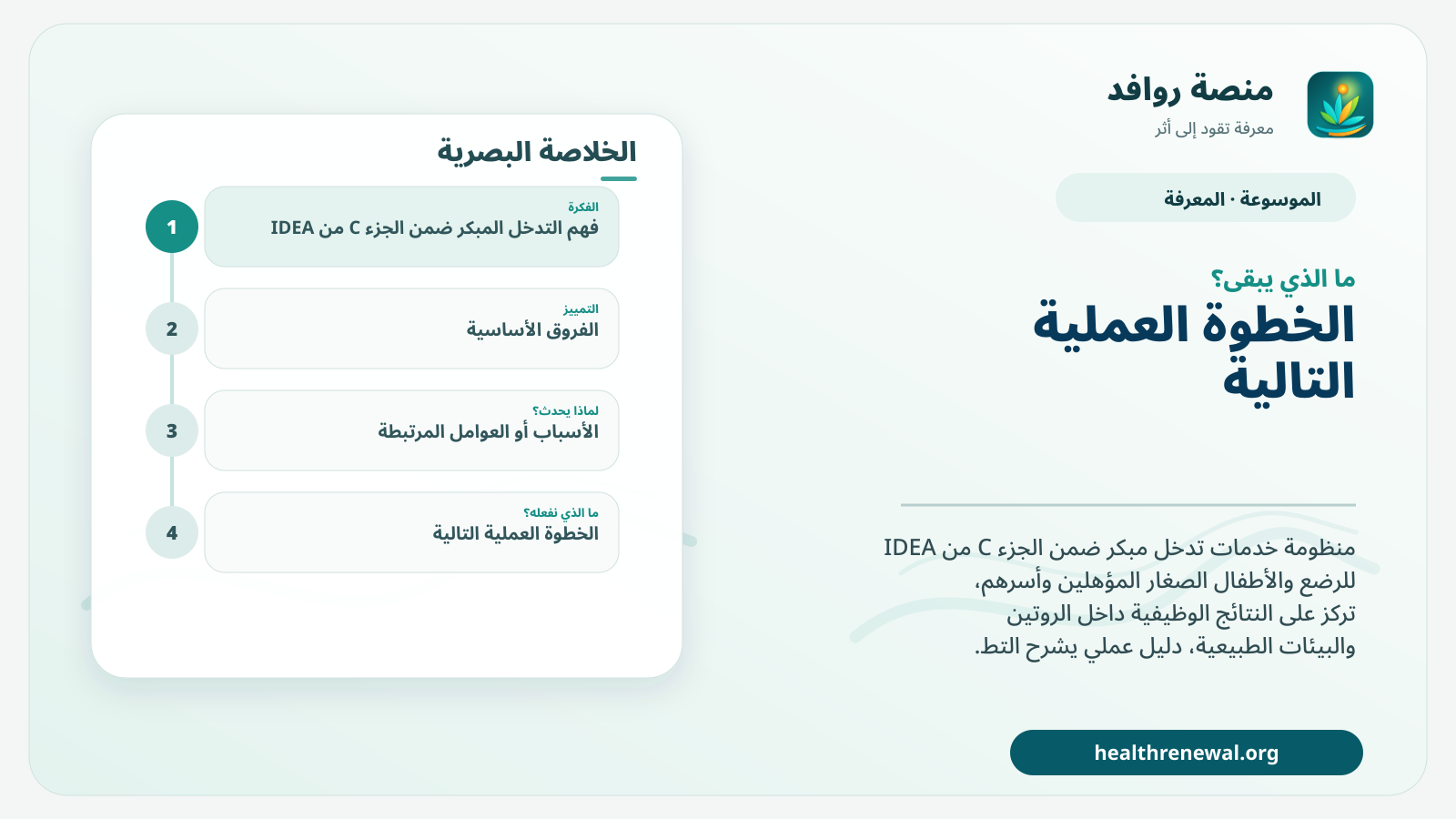مخطط ختامي من منصة روافد يلخص «التدخل المبكر ضمن الجزء C من IDEA» ويعرض أهم المحاور والخطوات التالية