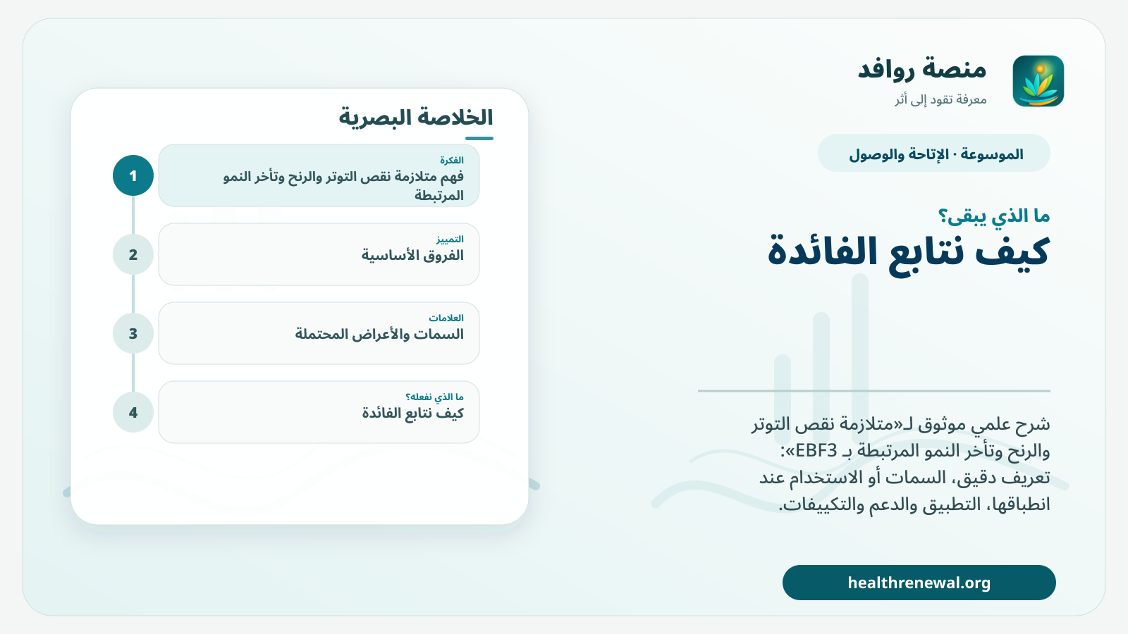 مخطط ختامي من منصة روافد يلخص «متلازمة نقص التوتر والرنح وتأخر النمو المرتبطة بـ EBF3» ويعرض أهم المحاور والخطوات التالية