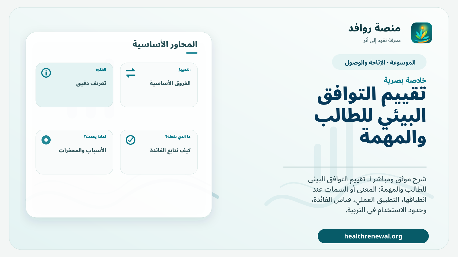 صورة بارزة من منصة روافد تلخص «تقييم التوافق البيئي للطالب والمهمة» بصريًا وفق محاور الصفحة الأساسية