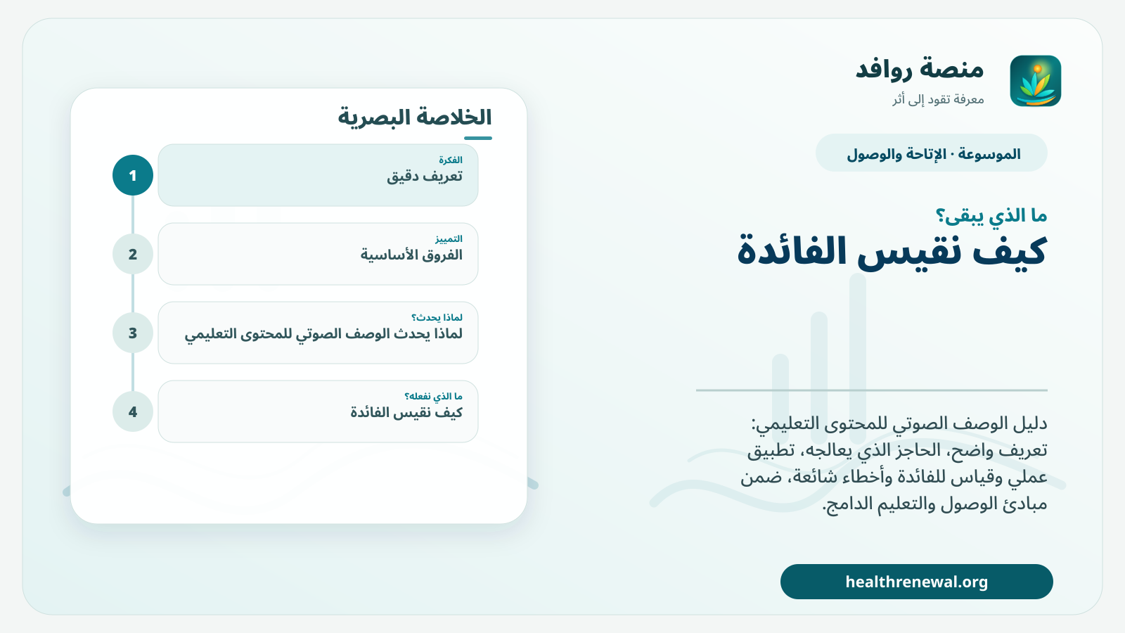 مخطط ختامي من منصة روافد يلخص «الوصف الصوتي للمحتوى التعليمي» ويعرض أهم المحاور والخطوات التالية