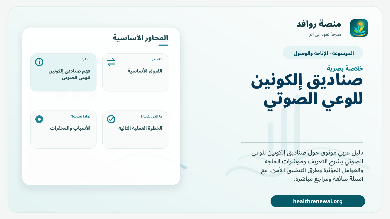 صورة بارزة من منصة روافد تلخص «صناديق إلكونين للوعي الصوتي» بصريًا وفق محاور الصفحة الأساسية