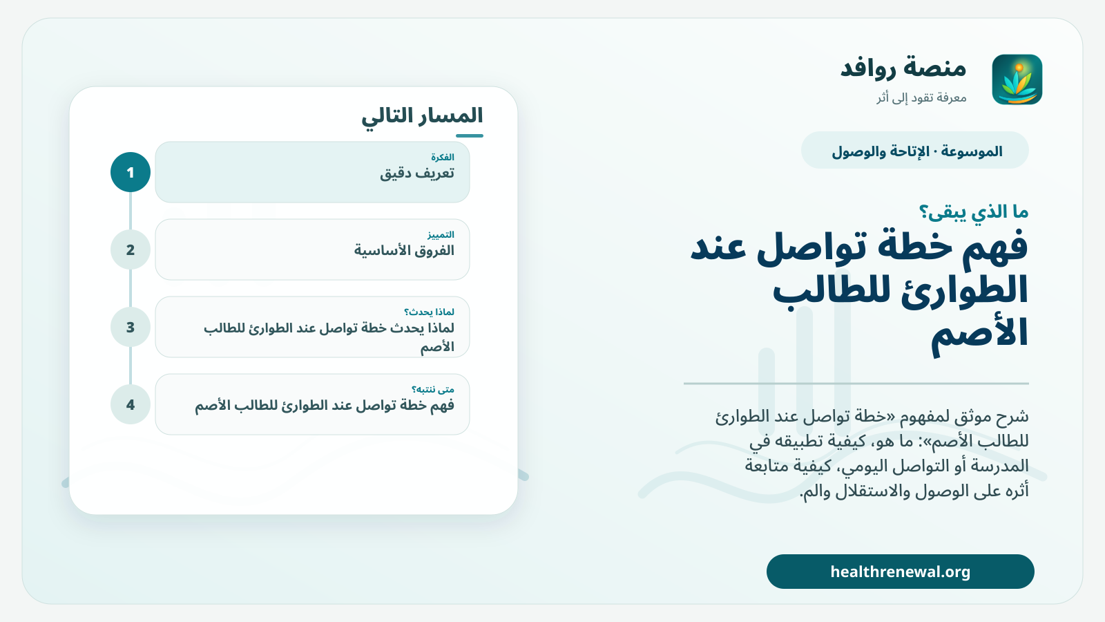 مخطط ختامي من منصة روافد يلخص «خطة تواصل عند الطوارئ للطالب الأصم» ويعرض أهم المحاور والخطوات التالية