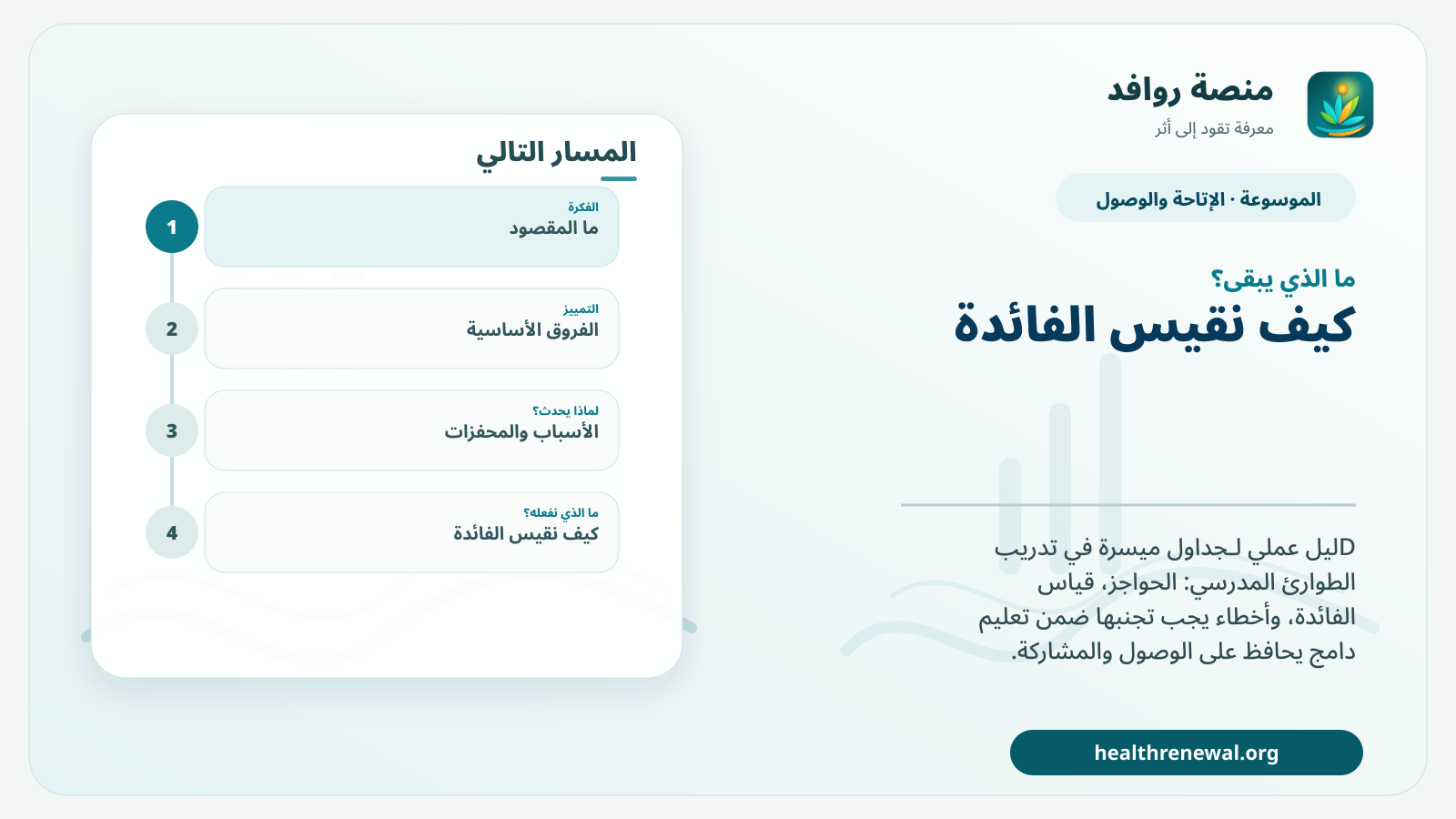 مخطط ختامي من منصة روافد يلخص «جداول ميسرة في تدريب الطوارئ المدرسي» ويعرض أهم المحاور والخطوات التالية