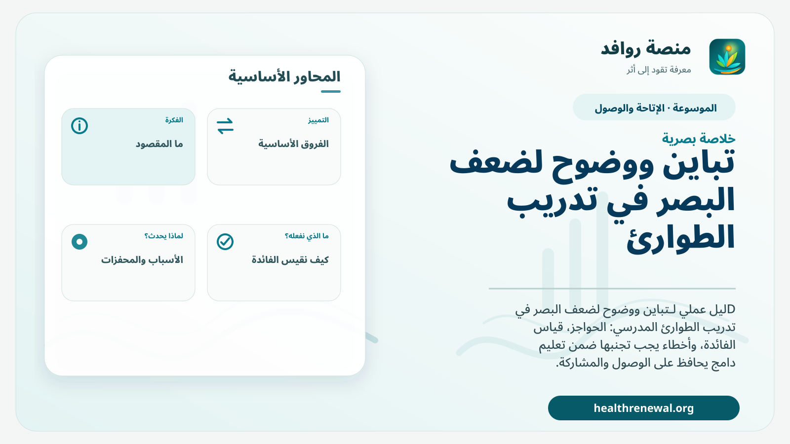 صورة بارزة من منصة روافد تلخص «تباين ووضوح لضعف البصر في تدريب الطوارئ المدرسي» بصريًا وفق محاور الصفحة الأساسية