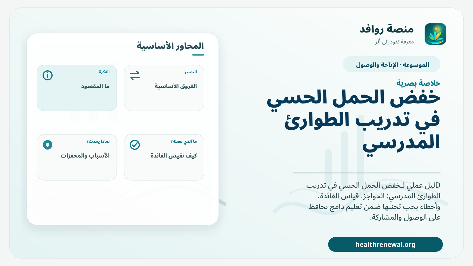 صورة بارزة من منصة روافد تلخص «خفض الحمل الحسي في تدريب الطوارئ المدرسي» بصريًا وفق محاور الصفحة الأساسية
