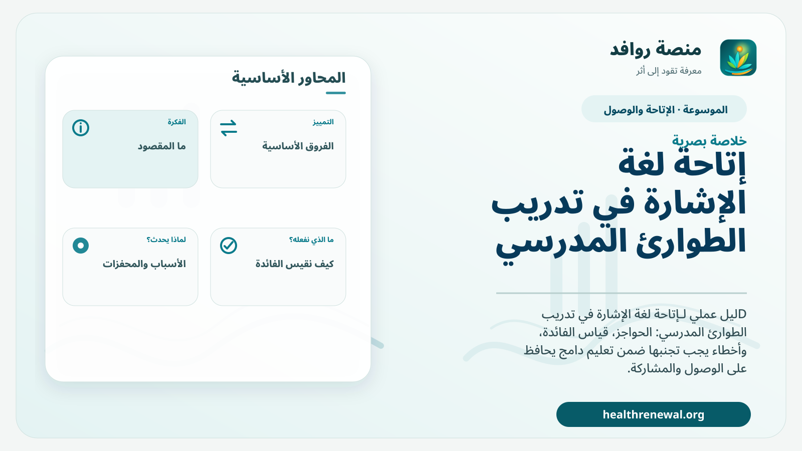 صورة بارزة من منصة روافد تلخص «إتاحة لغة الإشارة في تدريب الطوارئ المدرسي» بصريًا وفق محاور الصفحة الأساسية