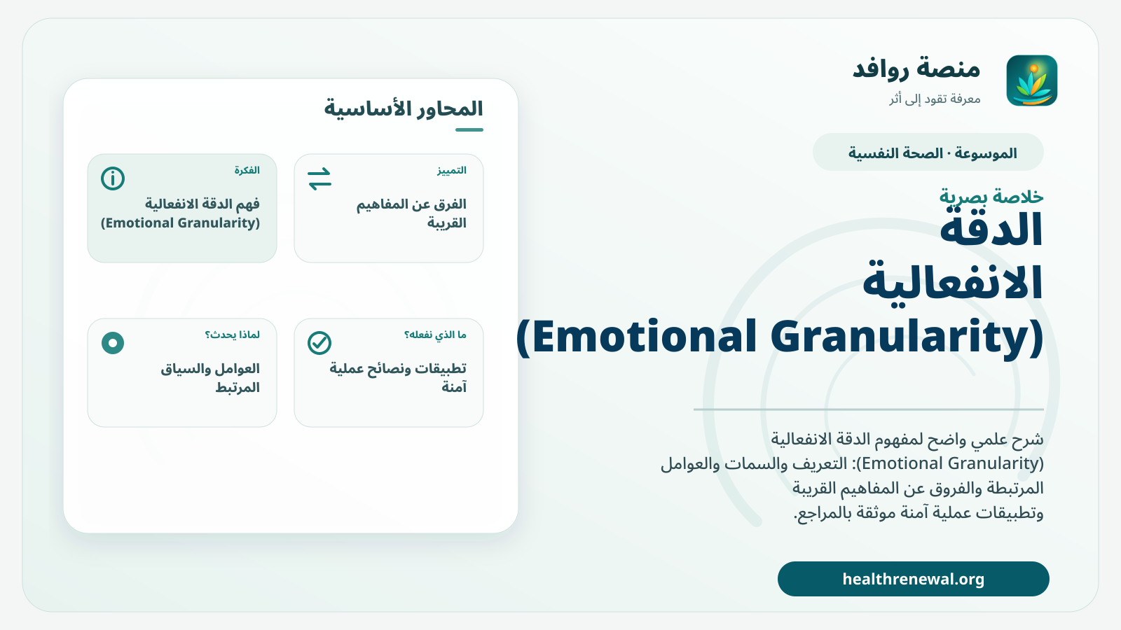 صورة بارزة من منصة روافد تلخص «الدقة الانفعالية (Emotional Granularity)» بصريًا وفق محاور الصفحة الأساسية