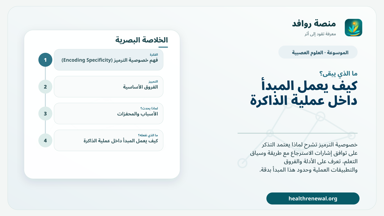 مخطط ختامي من منصة روافد يلخص «خصوصية الترميز (Encoding Specificity)» ويعرض أهم المحاور والخطوات التالية