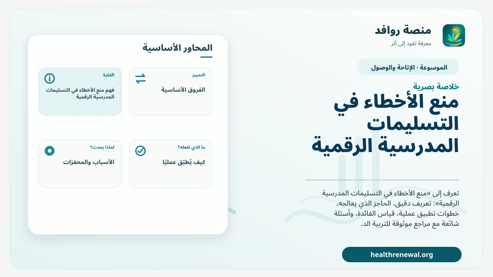 صورة بارزة من منصة روافد تلخص «منع الأخطاء في التسليمات المدرسية الرقمية» بصريًا وفق محاور الصفحة الأساسية