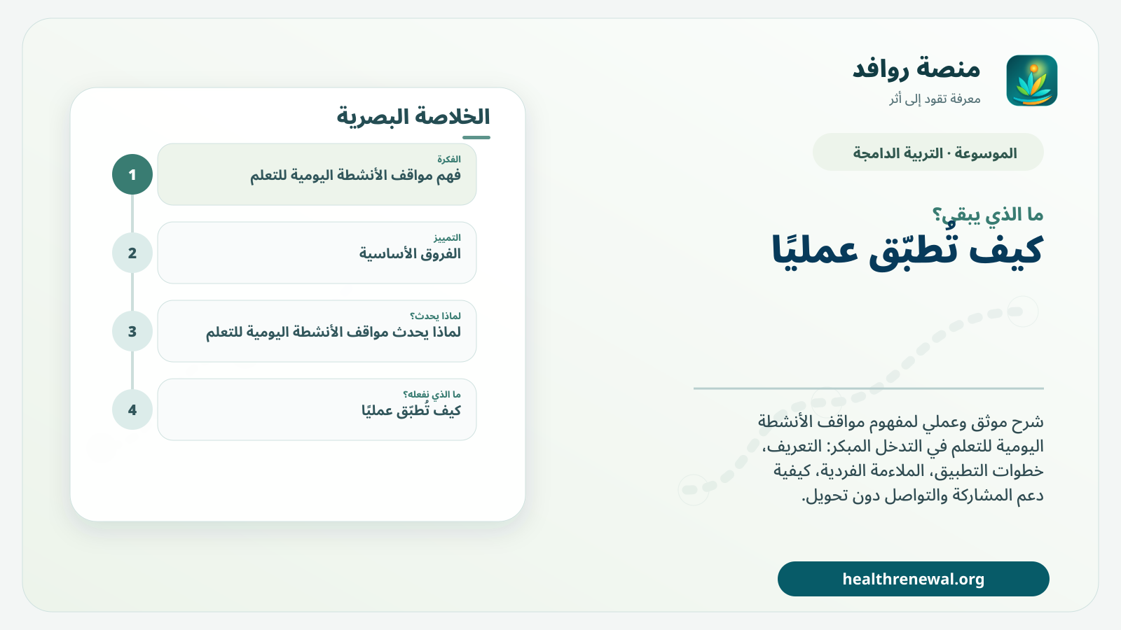 مخطط ختامي من منصة روافد يلخص «مواقف الأنشطة اليومية للتعلم» ويعرض أهم المحاور والخطوات التالية