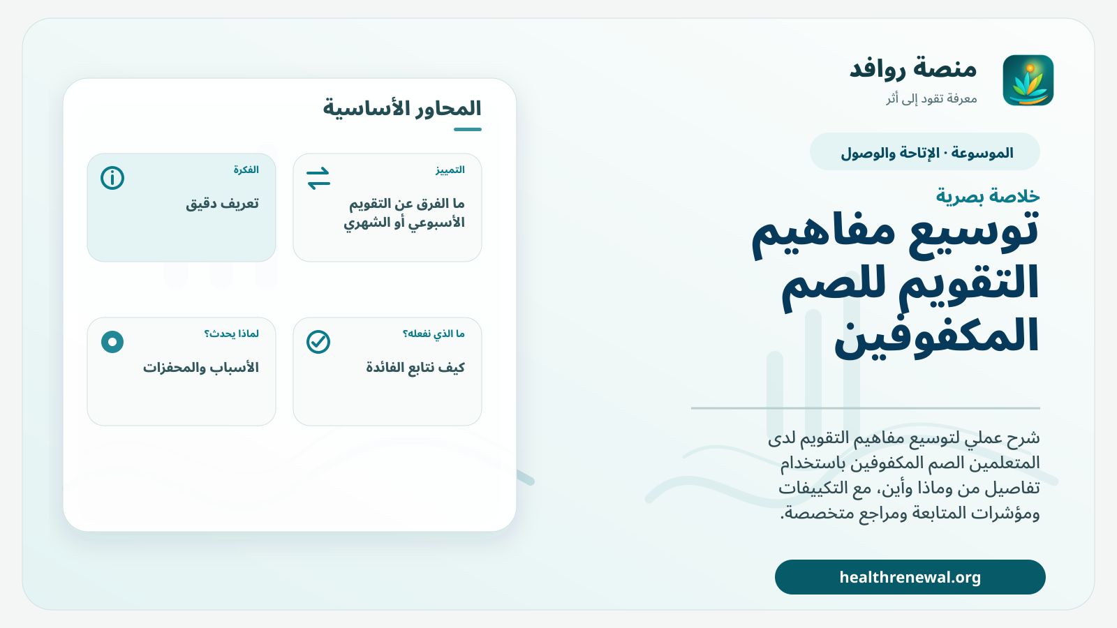 صورة بارزة من منصة روافد تلخص «توسيع مفاهيم التقويم للصم المكفوفين» بصريًا وفق محاور الصفحة الأساسية