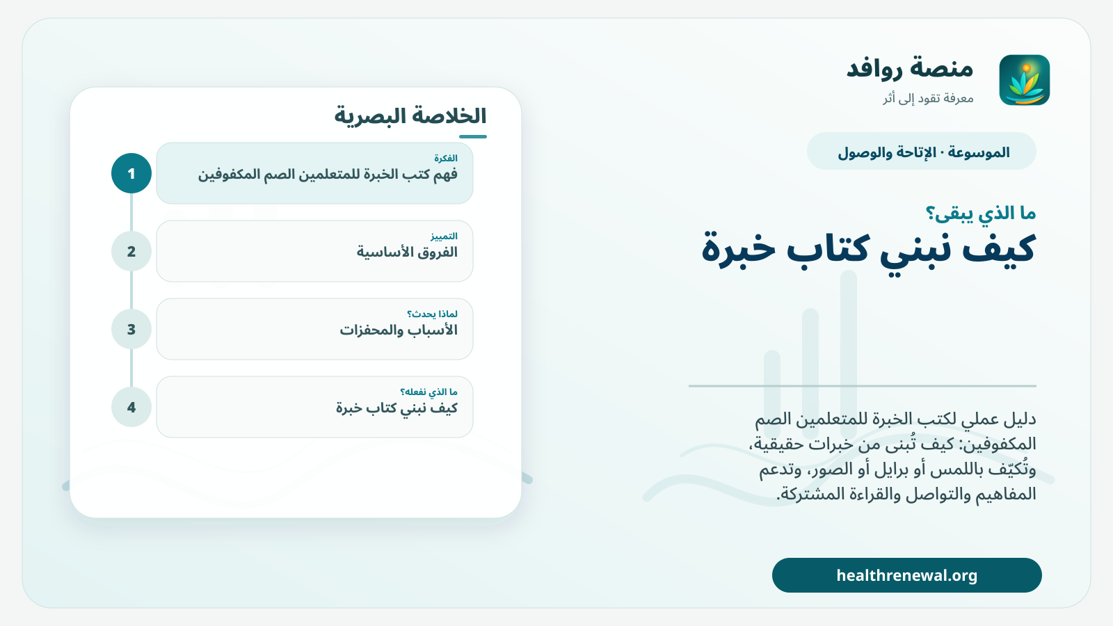 مخطط ختامي من منصة روافد يلخص «كتب الخبرة للمتعلمين الصم المكفوفين» ويعرض أهم المحاور والخطوات التالية