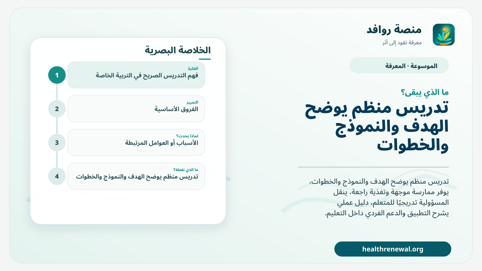 مخطط ختامي من منصة روافد يلخص «التدريس الصريح في التربية الخاصة» ويعرض أهم المحاور والخطوات التالية