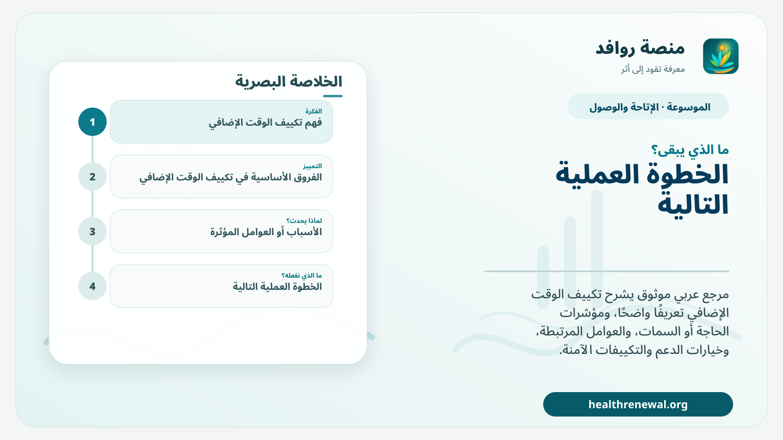 مخطط ختامي من منصة روافد يلخص «تكييف الوقت الإضافي» ويعرض أهم المحاور والخطوات التالية