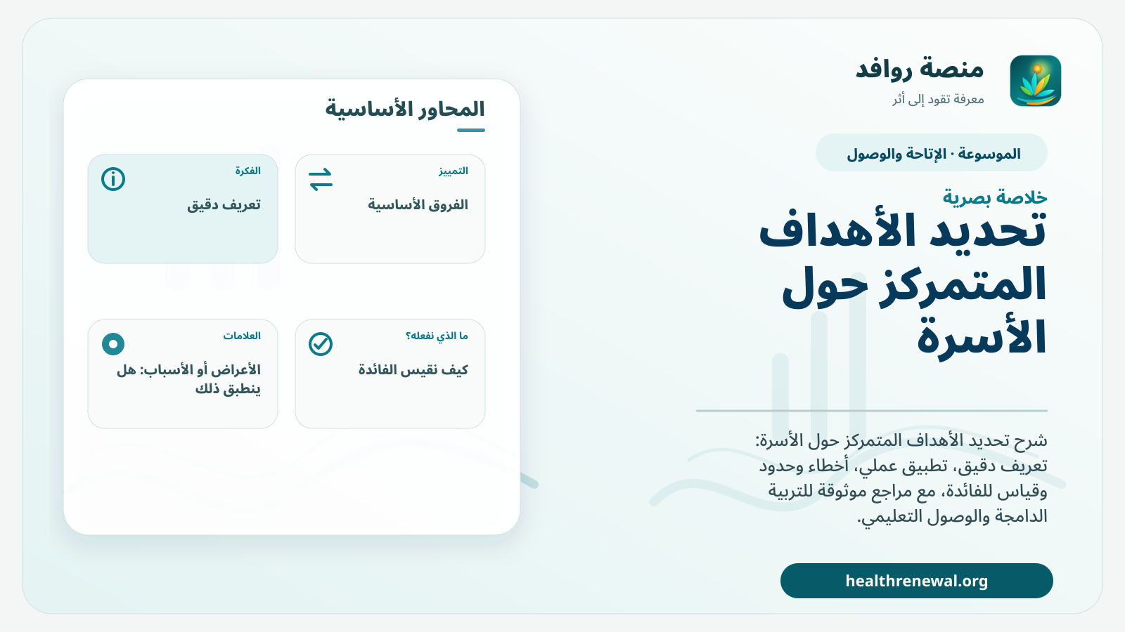 صورة بارزة من منصة روافد تلخص «تحديد الأهداف المتمركز حول الأسرة» بصريًا وفق محاور الصفحة الأساسية