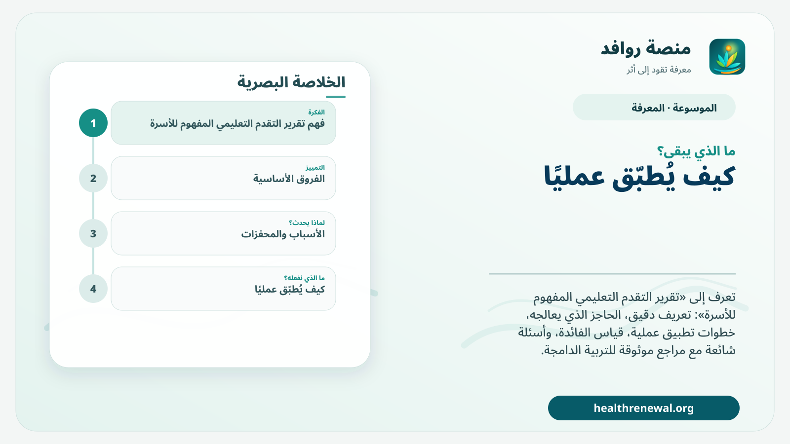 مخطط ختامي من منصة روافد يلخص «تقرير التقدم التعليمي المفهوم للأسرة» ويعرض أهم المحاور والخطوات التالية