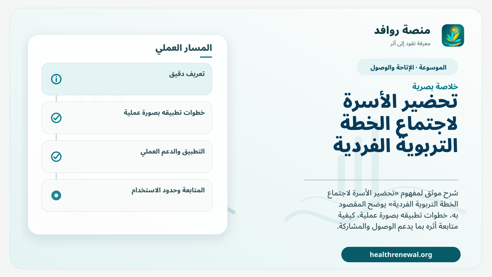 صورة بارزة من منصة روافد تلخص «تحضير الأسرة لاجتماع الخطة التربوية الفردية» بصريًا وفق محاور الصفحة الأساسية