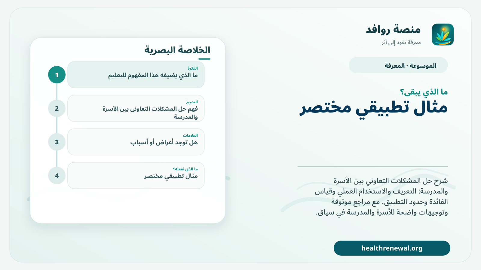 مخطط ختامي من منصة روافد يلخص «حل المشكلات التعاوني بين الأسرة والمدرسة» ويعرض أهم المحاور والخطوات التالية