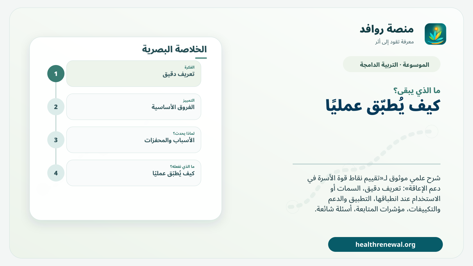 مخطط ختامي من منصة روافد يلخص «تقييم نقاط قوة الأسرة في دعم الإعاقة» ويعرض أهم المحاور والخطوات التالية