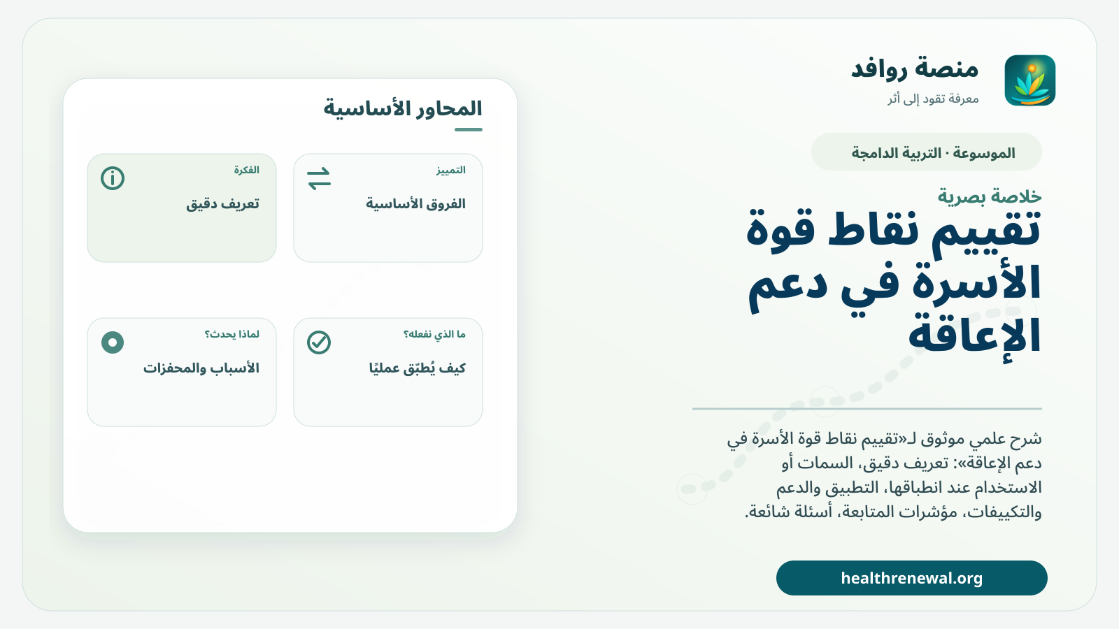 صورة بارزة من منصة روافد تلخص «تقييم نقاط قوة الأسرة في دعم الإعاقة» بصريًا وفق محاور الصفحة الأساسية