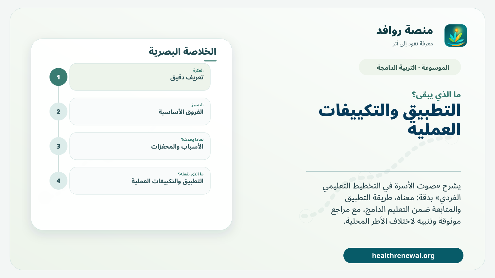 مخطط ختامي من منصة روافد يلخص «صوت الأسرة في التخطيط التعليمي الفردي» ويعرض أهم المحاور والخطوات التالية