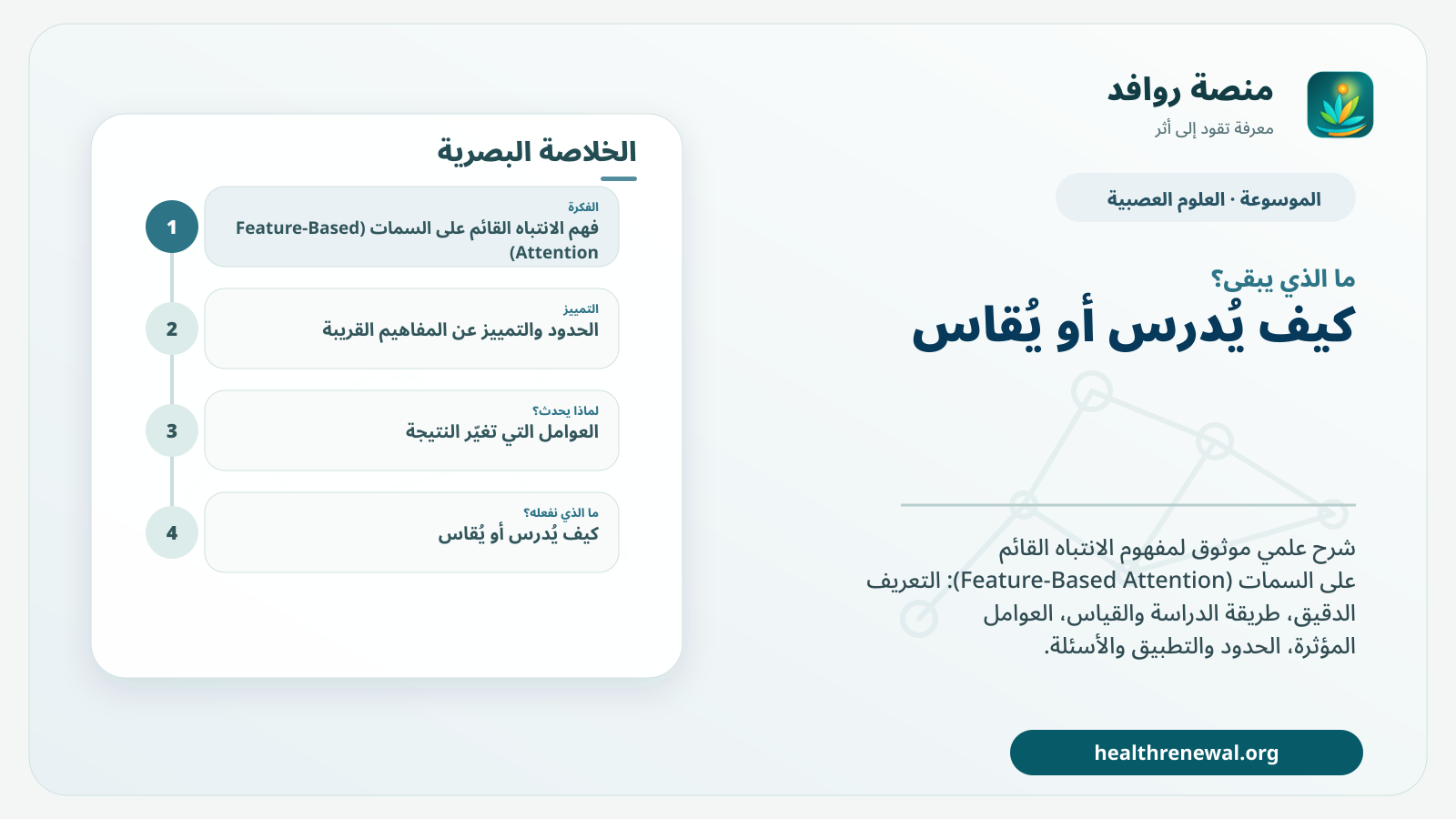 مخطط ختامي من منصة روافد يلخص «الانتباه القائم على السمات (Feature-Based Attention)» ويعرض أهم المحاور والخطوات التالية