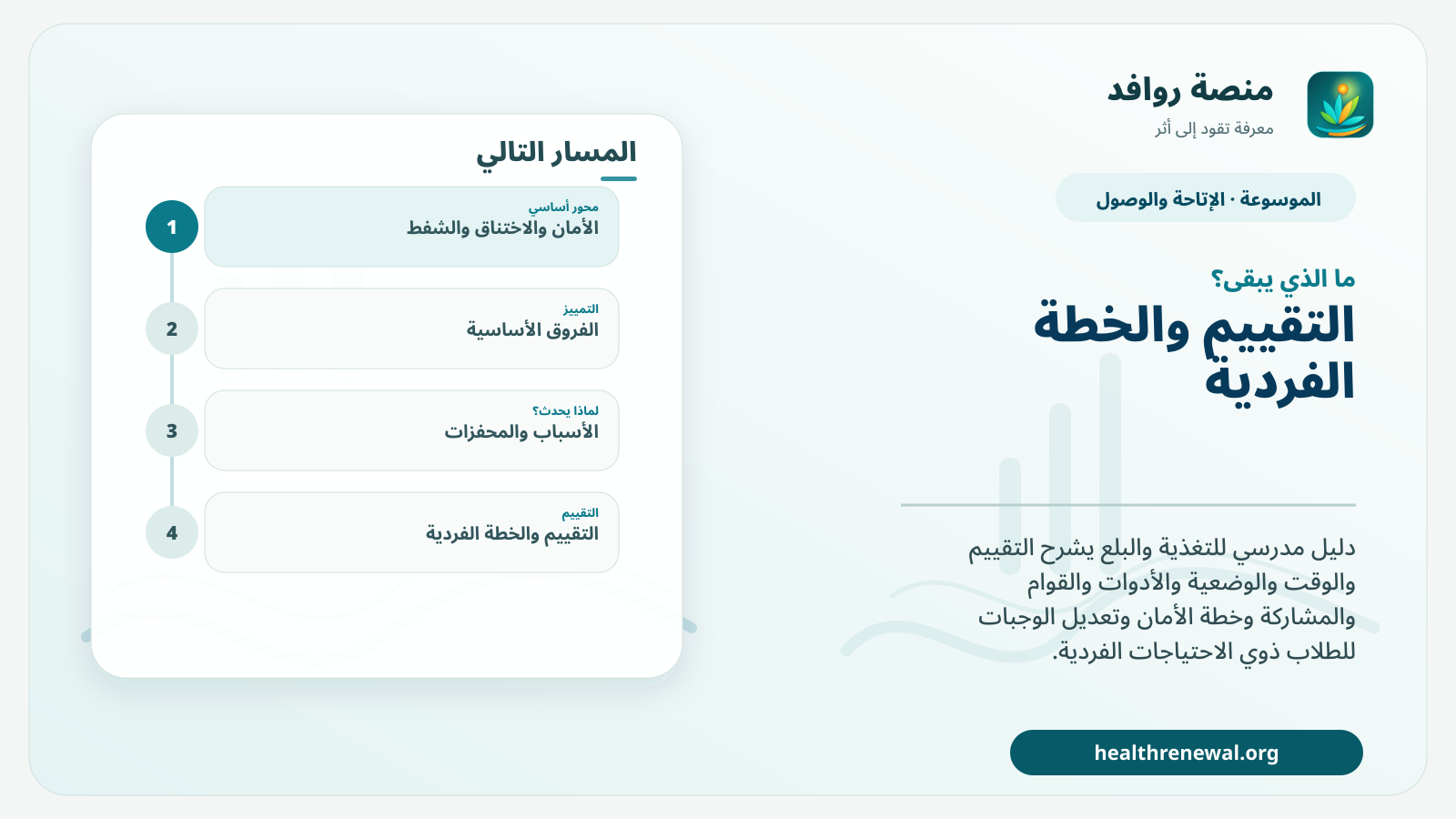 مخطط ختامي من منصة روافد يلخص «دعم التغذية والبلع في المدرسة للاحتياجات الخاصة» ويعرض أهم المحاور والخطوات التالية