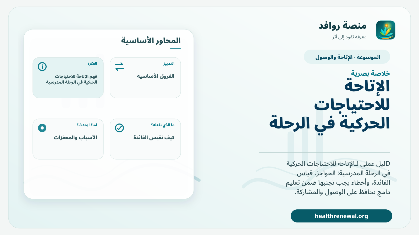 صورة بارزة من منصة روافد تلخص «الإتاحة للاحتياجات الحركية في الرحلة المدرسية» بصريًا وفق محاور الصفحة الأساسية