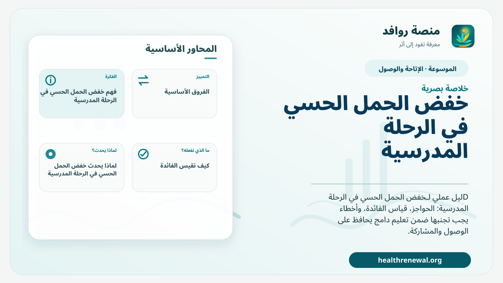صورة بارزة من منصة روافد تلخص «خفض الحمل الحسي في الرحلة المدرسية» بصريًا وفق محاور الصفحة الأساسية