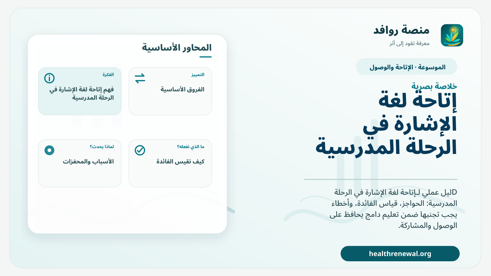 صورة بارزة من منصة روافد تلخص «إتاحة لغة الإشارة في الرحلة المدرسية» بصريًا وفق محاور الصفحة الأساسية