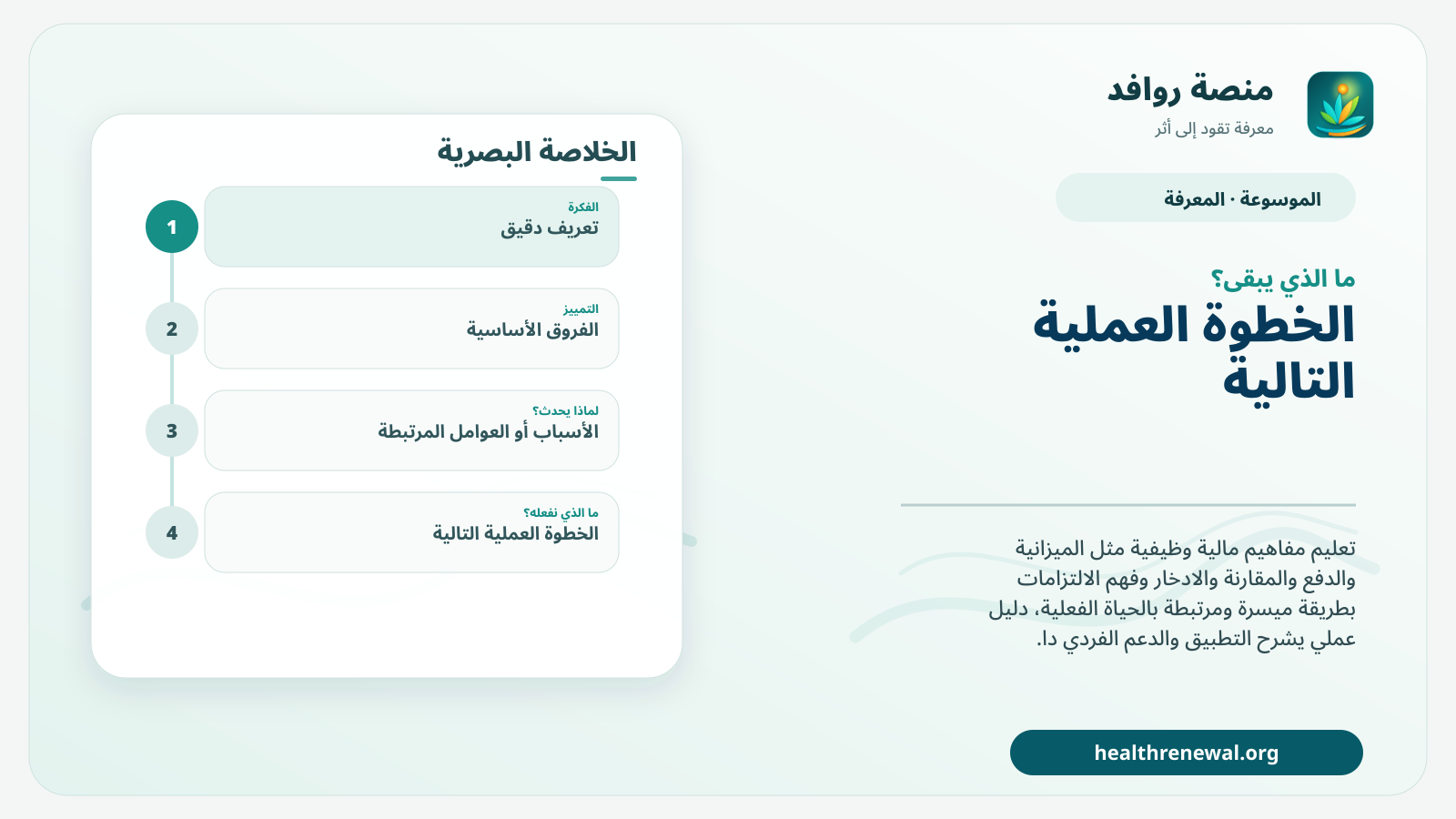 مخطط ختامي من منصة روافد يلخص «الثقافة المالية في برامج الانتقال» ويعرض أهم المحاور والخطوات التالية